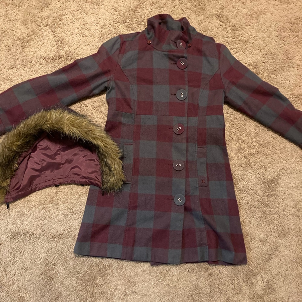 Hurley Small Plaid Coat Removable Faux Fur Hood